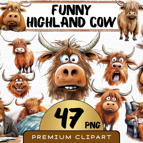 Funny Highland Cow Clipart 44 Png, Cute Caricature Farm Animals, Cattle Watercolor, Cow Portrait, Cartoon Animal, Digital Art, Scrapbooking