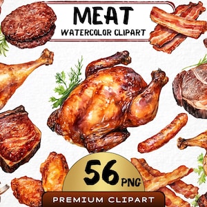 Clipart de carne em aquarela, 56 PNG, Asas de frango PNG, Arte de churrasco, Gráficos de culinária carnívora, PNG de carne bovina, Scrapbooking de alimentos, Impressões digitais