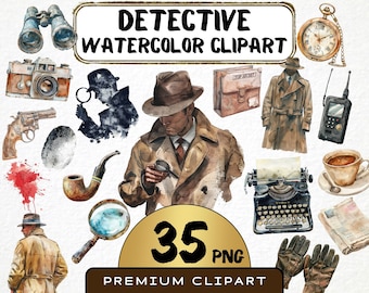 Watercolor Detective Clipart, Sherlock Holmes, London Graphics (Digital Prints)