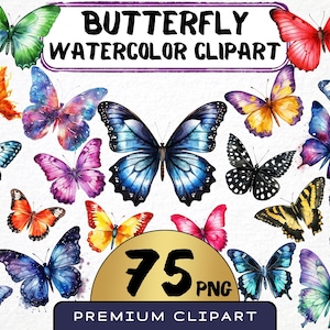 Schmetterling Clipart 75 Png, magische Schmetterlinge, transparente Kunst, Aquarell bunte Illustration, druckbare digitale Datei, Einladungskarte