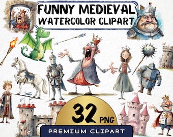 Funny Medieval Kingdom Clipart 33 Png, Quirky Knight, Watercolor King, Cartoon Castle, Middle Ages Adventure, Digital Art, Scrapbooking