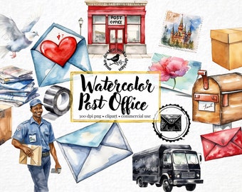 26 Aquarell Post Clipart, Briefträger Clipart, Umschlag Briefkasten Porto Clipart, Paket Post LKW PNG Postkarte Sofort Download