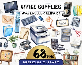 Office Supplies Clipart 68 Png, Watercolor In the office Corporate Business Illustration, Computer, Printer Digital Prints, Instant Download