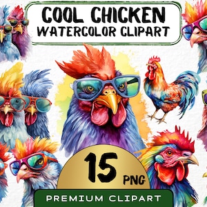 Aquarelle Cool poulet Clipart 15 Png, png de poulet drôle, poulet mignon dans des lunettes de soleil, illustrations de travaux manuels pour enfants, fichier numérique imprimable