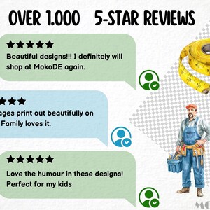 May include: Image with the text "OVER 1.000 5-STAR REVIEWS" and customer reviews. A yellow measuring tape is in the upper right corner. A cartoon of a man in overalls and a tool belt is in the lower right corner.