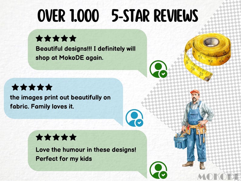 May include: Image with the text "OVER 1.000 5-STAR REVIEWS" and customer reviews. A yellow measuring tape is in the upper right corner. A cartoon of a man in overalls and a tool belt is in the lower right corner.