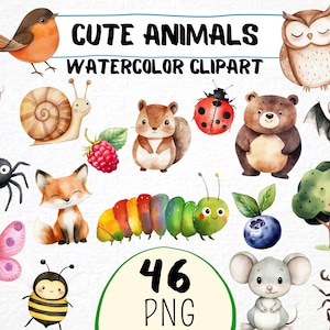 水彩画のかわいい動物のクリップアート 46 PNG、かわいい保育園の森、フクロウのアート、赤ちゃんキツネ、水彩画の昆虫、印刷可能なデジタルファイル、招待状