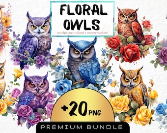 Watercolor Floral Owl Clipart, Set of 20 PNG (Digital Download)