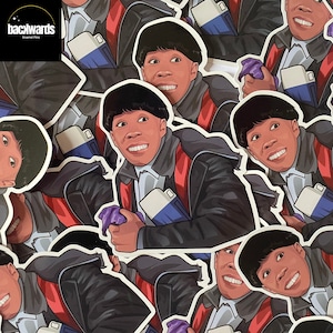May include: Multiple sticker sheets featuring a cartoon illustration of a person with a blue and white container and a purple cloth. The text "backwards" is visible in the top left corner of the image.