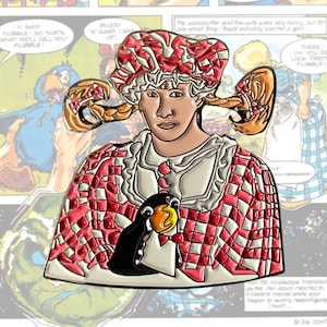 May include: An enamel pin featuring a cartoon character with pigtails and a penguin. The character is wearing a white dress with a pink and white checked pattern and a white collar. The penguin is black with a yellow beak and orange feet. The pin has a shiny finish and is approximately 5 cm tall.