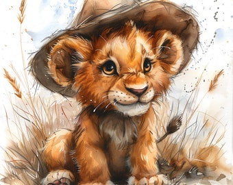 May include: A watercolor painting of a cute lion cub wearing a brown cowboy hat. The cub is sitting on a bed of brown grass with a white background.