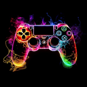 Può includere: Un controller PlayStation colorato in stile neon su uno sfondo nero. Il controller brilla di colori arcobaleno, creando un'immagine vibrante e dinamica.