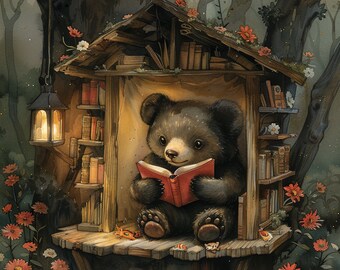 Reading Bear Watercolor Art Prints: Book Nook Designs (Digital Download)