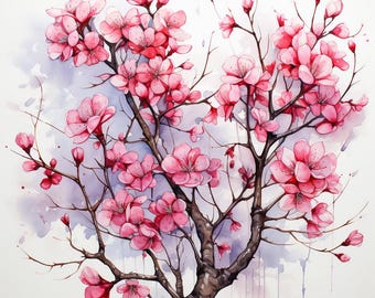 Arte de acuarela de árbol de sakura: 16 diseños PNG (descarga digital)