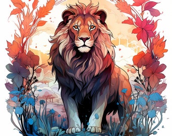 Clipart de acuarela de león floral: 16 diseños PNG (arte digital)