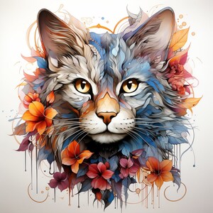 Flower Cats - High Quality Watercolor Digital Art - 16 Designs