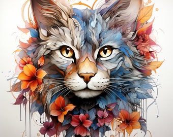 Láminas de acuarela de gatos florales: 16 diseños PNG (descarga digital)
