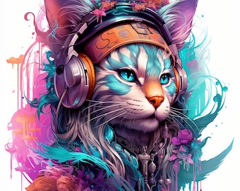 Arte felino futurista: Gatito de acuarela con auriculares (Arte digital)