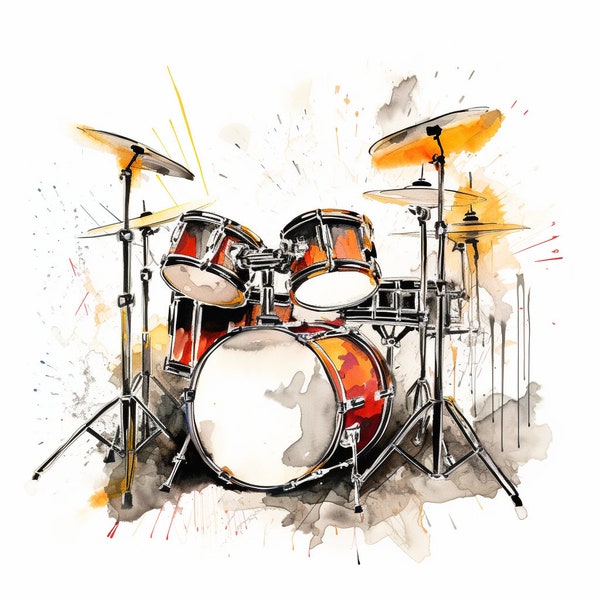 Drum Set - High Quality Digital Watercolor Art - 16 Designs