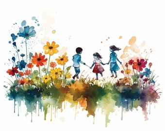 Acuarela infantil de flores primaverales: 16 diseños PNG (descarga digital)