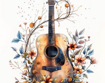 Floral Guitar Watercolor Art Prints: 16 PNG Designs (Digital Download)