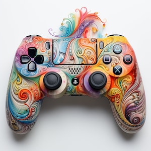 May include: A colourful, abstract design covers a black PlayStation DualSense controller. The design features swirls of orange, yellow, blue, green, and purple.