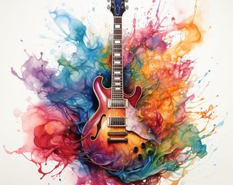 Guitar Splash Watercolor Art Prints: 16 PNG Designs (Digital Download)