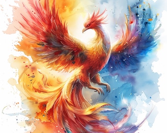 Arte de acuarela de fénix llameante: 16 diseños PNG (descarga digital)