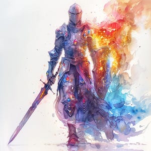 Fantasy Knight with Shield - High Quality Digital Watercolor Art - 16 Designs