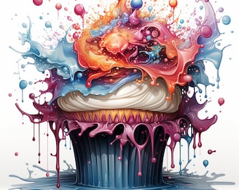 Cupcakes con efecto salpicado: impresiones artísticas de acuarela y pegatinas (16 diseños)