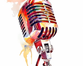 Micrófono de acuarela: Arte musical retro, 12 diseños PNG (descarga digital)