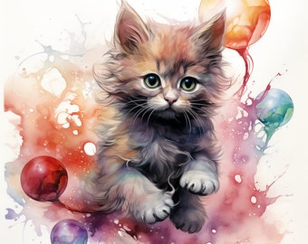 Arte de gato burbuja en acuarela: 16 diseños PNG (uso comercial)