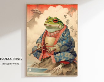 カエル　トビウオ　絵画　自作 日本美術 松本 宝治 カエルのアートプリント 日本の版画複製