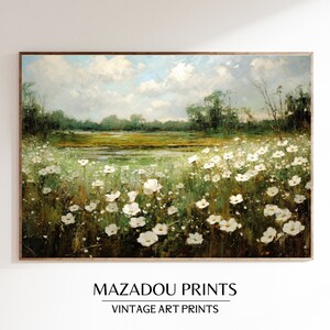 Printable Spring White Flower Fields Painting | Vintage Landscape Print | Country Field PRINTABLE Digital Download | 0001