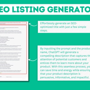 May include: A screenshot of a computer screen showing a document with the title "Resume Templates Editable CV Design with Cover Letter". The document lists key features of the resume templates, including professional design, customizable for Microsoft Word and Apple Pages, instant download, and a cover letter included. The text "SEO Listing Generator" is displayed above the screenshot, along with a description of how to use the tool to generate SEO-optimized titles and descriptions for Etsy listings.