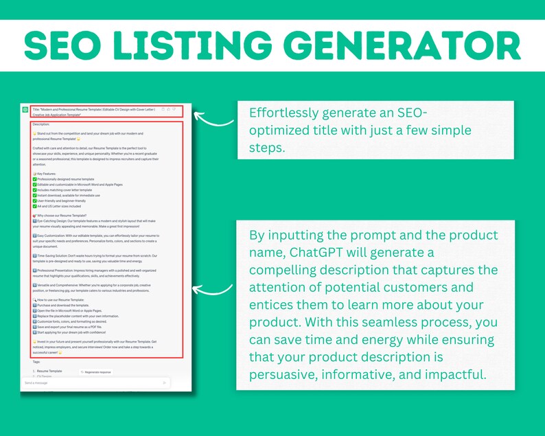 May include: A screenshot of a computer screen showing a document with the title "Resume Templates Editable CV Design with Cover Letter". The document lists key features of the resume templates, including professional design, customizable for Microsoft Word and Apple Pages, instant download, and a cover letter included. The text "SEO Listing Generator" is displayed above the screenshot, along with a description of how to use the tool to generate SEO-optimized titles and descriptions for Etsy listings.
