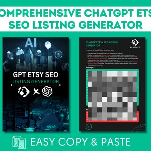 May include: A black and white image of a computer screen showing a guide for using ChatGPT to generate Etsy SEO listings. The guide includes a prompt box and instructions for using the tool. The text on the screen reads "ChatGPT Etsy SEO Listing Generator".