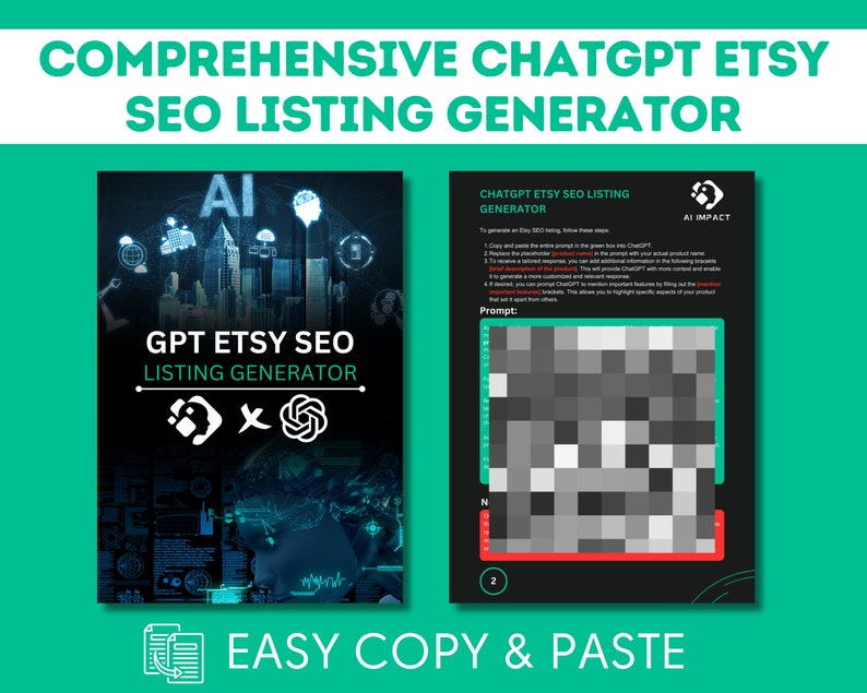 May include: A black and white image of a computer screen showing a guide for using ChatGPT to generate Etsy SEO listings. The guide includes a prompt box and instructions for using the tool. The text on the screen reads "ChatGPT Etsy SEO Listing Generator".