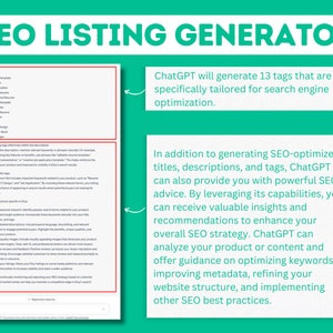 May include: A green and white graphic with the text "SEO Listing Generator" in large, bold, white letters. The graphic explains how ChatGPT can help generate SEO-optimized titles, descriptions, and tags for Etsy listings. ChatGPT can also provide valuable insights and recommendations to enhance your overall SEO strategy.