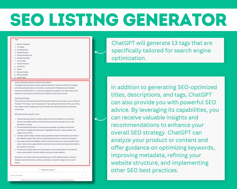 May include: A green and white graphic with the text "SEO Listing Generator" in large, bold, white letters. The graphic explains how ChatGPT can help generate SEO-optimized titles, descriptions, and tags for Etsy listings. ChatGPT can also provide valuable insights and recommendations to enhance your overall SEO strategy.