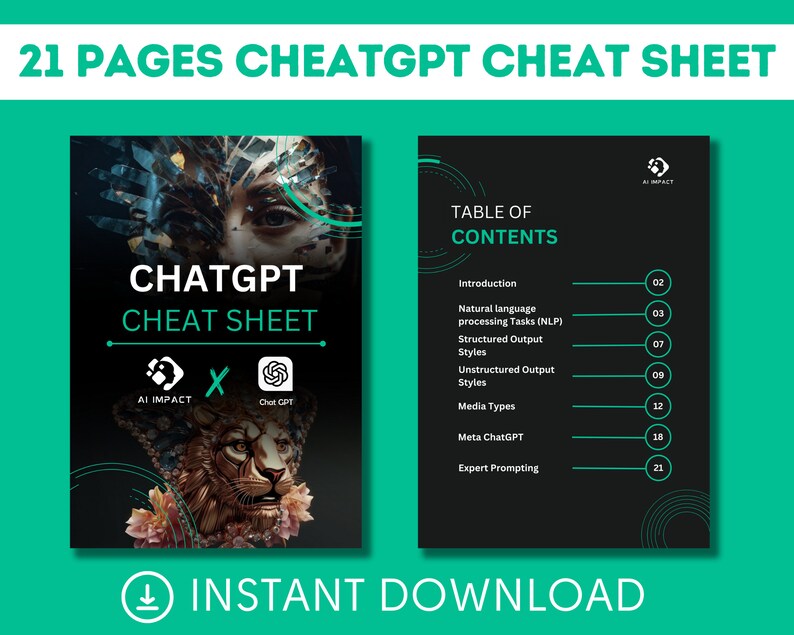 May include: A black and green digital cheat sheet with the title "ChatGPT Cheat Sheet" and a table of contents listing 21 pages of information about ChatGPT, including topics like natural language processing, structured output styles, media types, and expert prompting.