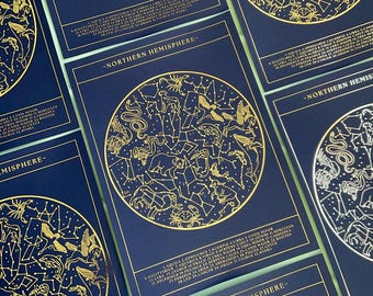 Northern Hemisphere Gold Print, Constellations Star Map Hot Foil Wall Art, Vintage Celestial Planisphere Poster, Hand Drawn Astrology Signs