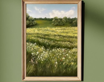 Green Countryside Landscape Soft Pastel Print, Vintage Meadow Wall Art, Rustic Wildflower Field Landscape Print