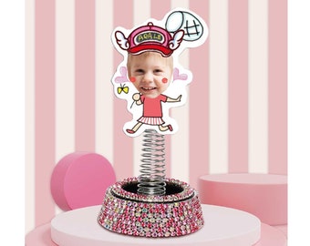 Custom Creative Photo Shaking Head Spring Car Decor with Pink Rhinestone Base, Tabletop, Perfect Gift - Double Sided Print