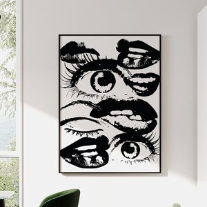Schwarz Weiß Kunst 70er Jahre Stil Poster Ästhetische Raumdekoration, Retro Funky Wand Kunst Quirky Home Decor, Große Neutrale Wand Kunst Wohnung Dekor