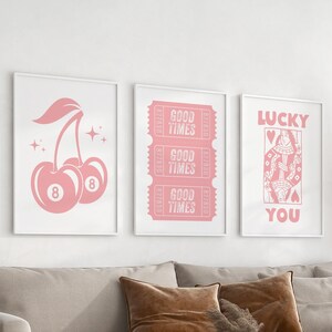 8 Ball Cherry,Good Times Ticket,Lucky You Poster,Retro Trendy Printable Art,Trendy Wall Art Print Set Of 3,Vintage Poster,Bar Cart Decor