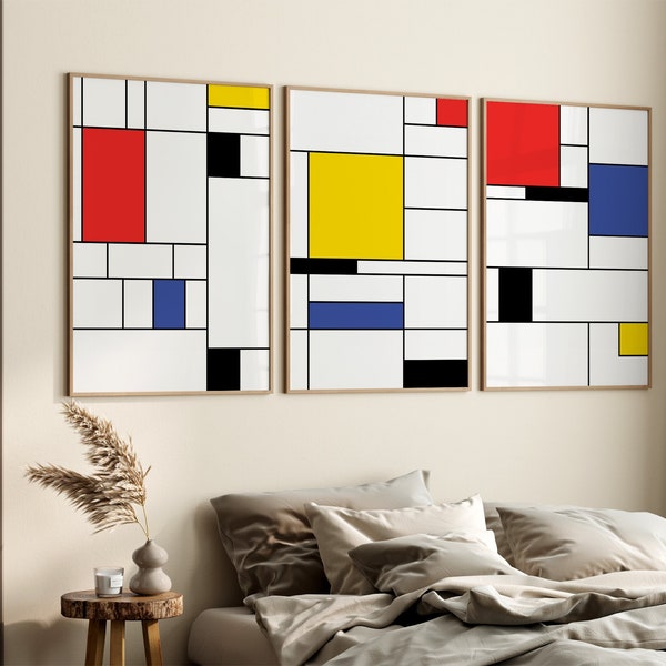 Set of 3 Piet Mondrian Print, Geometric Wall Set, Piet Mondrian, Modern Gallery Wall Set, Minimalist Wall Art Decor, Wall Art Set, Line Art,