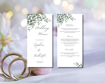 Eucalyptus wedding menu cards personalised, sage green wedding decor, greenery style decor stationery for wedding details