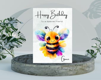 Personalised greetings card Bee Design, A5 rainbow colours card for her, cute bee design, summer birthday card nan mum aunt