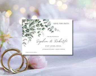 Wedding stationery sage green, eucalyptus save the date A6, minimalist style wedding decor